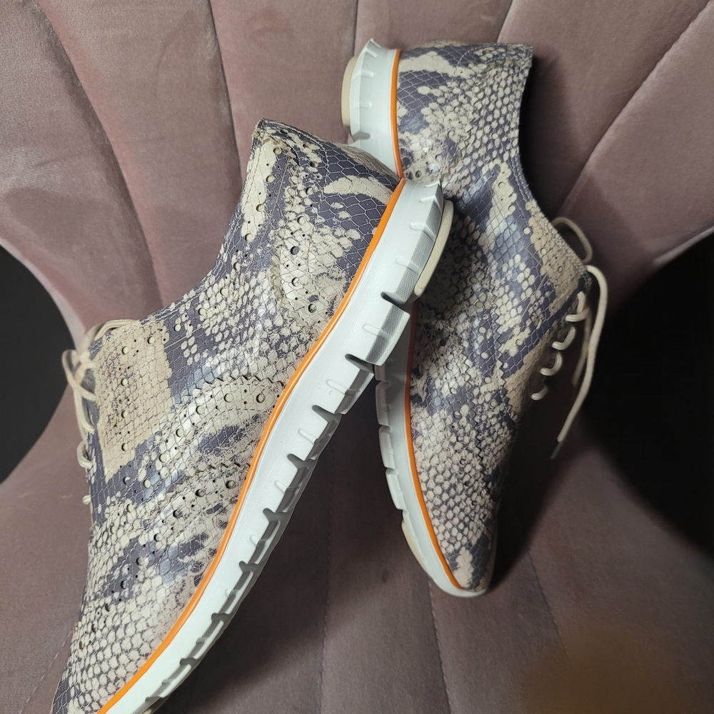 Cole Haan Zero Grand Women's Wingtip Shoes Size 7.5 B Snake Print Tan Excellent